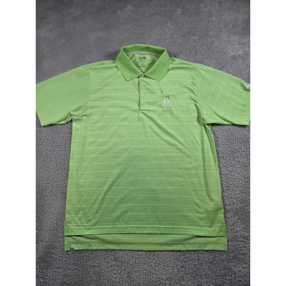 Adidas Golf Polo Shirt M Green Men Striped Climalite Ravines Logo Short Sleeve